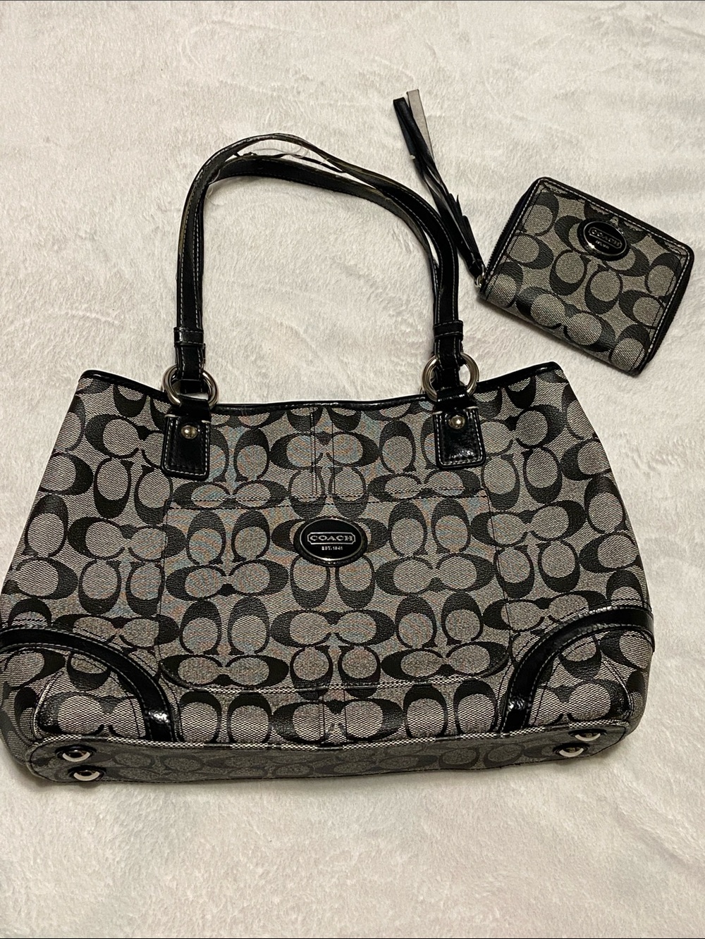 Vintage Coach Black Gray Signature Canvas patent leather tote & Matching Wallet